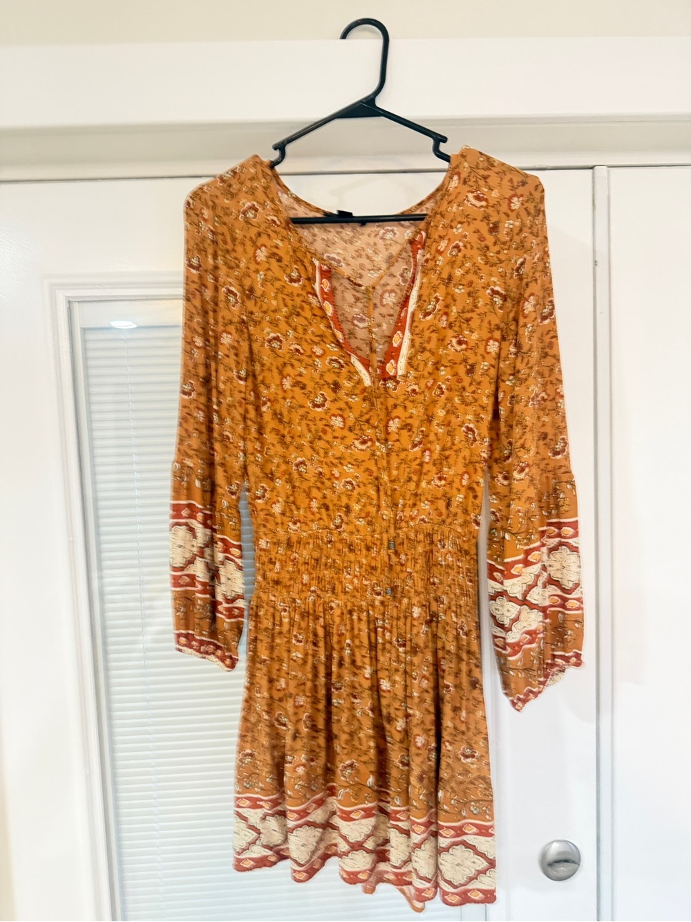 American Eagle Women’s Small Peasant Boho Mini Dress Floral Print Tie Neck